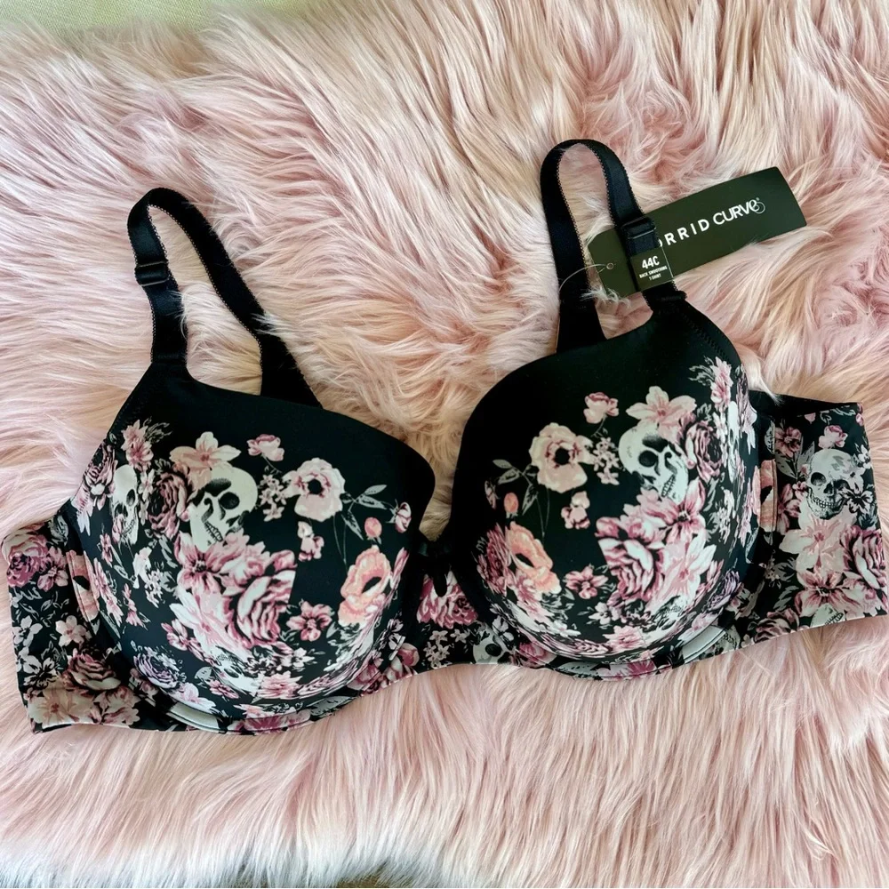 Torrid Curve 360 Back Smoothing T-Shirt Bra Black Floral Skulls 44C